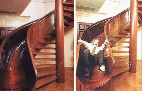we thought we might share some more amazing and unique staircases but would not, stairs, Kids of all agest would have a blast with this staircase how fun A custom woodworker was hired to build this 16 foot tool staircase with 13 foot drop inside an inventor s home
