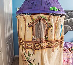 makeover to a princess room, Rapunzels tower is all fabric and can be easily removed without any damage to the bed or wall The tower curtains are hung using shower rings and grommets They open to reveal the hidden stairs to the top of the bunk bed