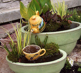 container water gardens, Another whimsical fountain created with a teapot and cup