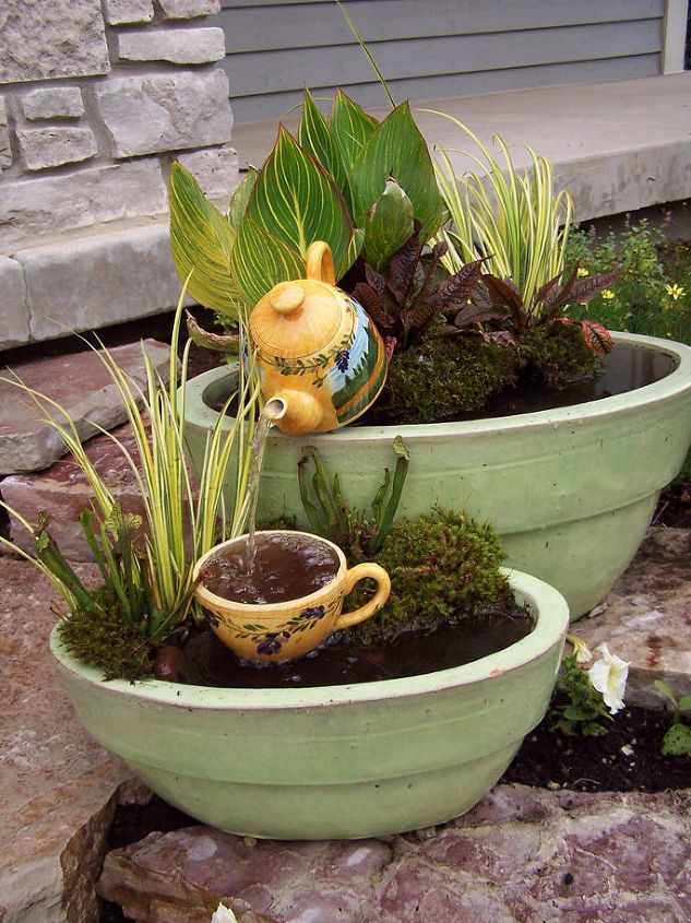 container water gardens, Another whimsical fountain created with a teapot and cup