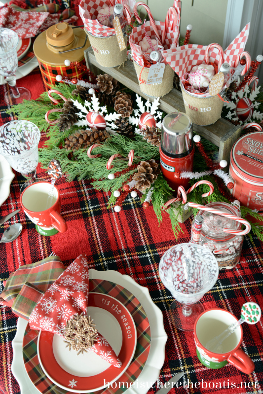tis the season for hot cocoa tablescape, christmas decorations, seasonal holiday decor, A centerpiece box of greenery candy canes pine cones ornaments and thermos