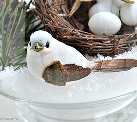winter nesting make a winter y scene in a glass bowl, crafts, seasonal holiday decor, Nestle the birds in the nest or alongside