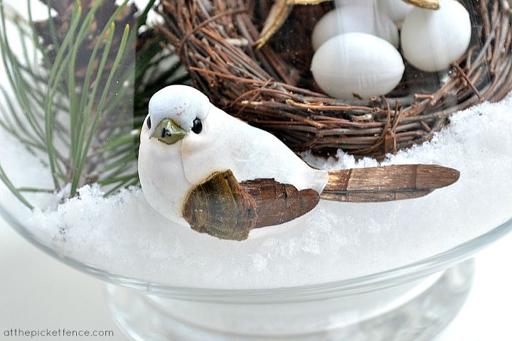 winter nesting make a winter y scene in a glass bowl, crafts, seasonal holiday decor, Nestle the birds in the nest or alongside