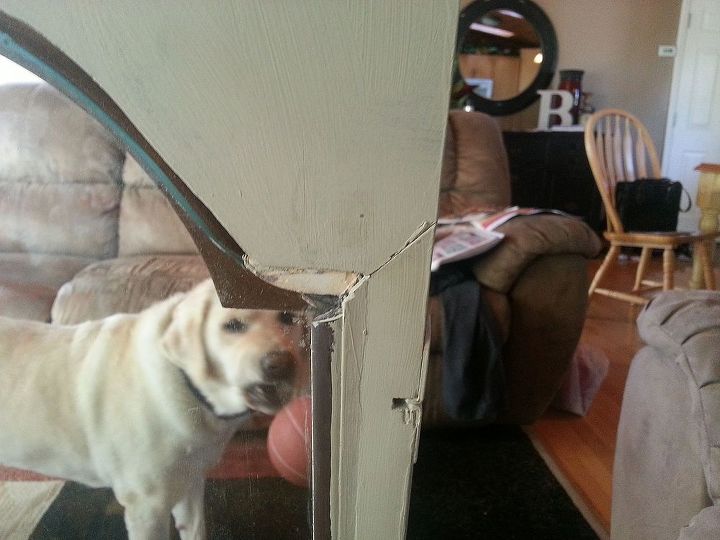 how can i fix this hutch door help, painted furniture, woodworking projects, back view don t mind my dog in mid yawn