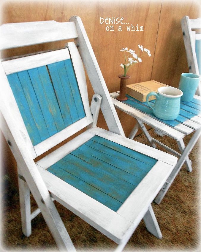 a cute little bistro set, painted furniture, 2 Vintage Chairs and a newer table came together nicely to create a bistro set that will be perfect for warm summer mornings on the deck