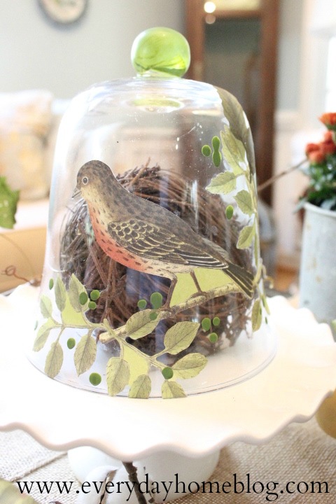 decoupage is back covered books and a cloche in botanical birds, crafts, decoupage, seasonal holiday decor, a close up of the cloche