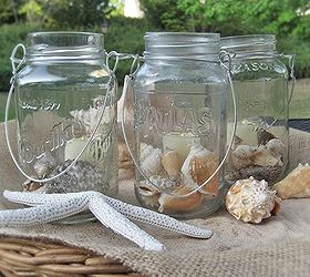 fun and easy summer mason jar candles, crafts, mason jars, outdoor living, Just cluster them on a wicker tray add a little sand and a few sea shells and instant summery centerpiece