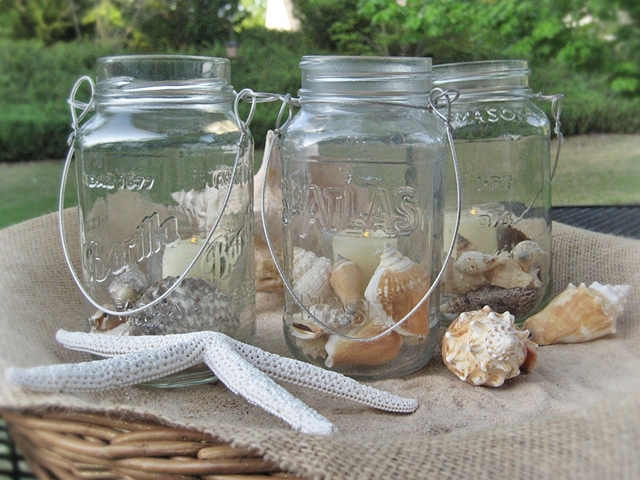 fun and easy summer mason jar candles, crafts, mason jars, outdoor living, Just cluster them on a wicker tray add a little sand and a few sea shells and instant summery centerpiece