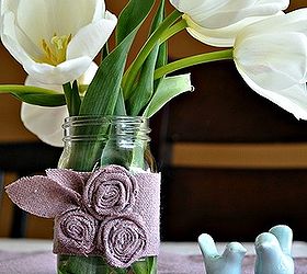 mason jar vase with fabric flowers, crafts, mason jars, Here it sits on top of the coordinating table runner