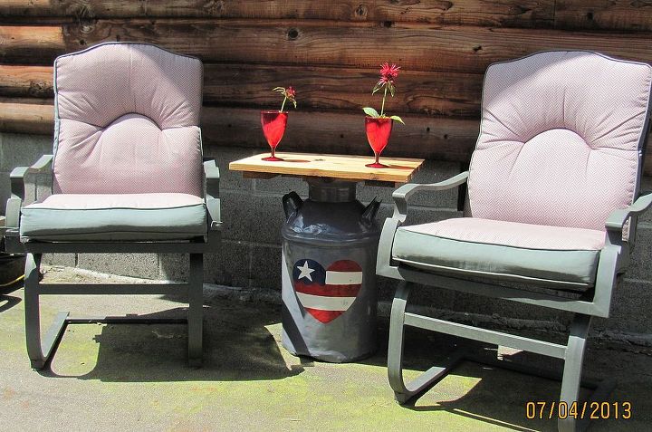 patriotic side table, outdoor furniture, outdoor living, painted furniture, patriotic decor ideas, seasonal holiday decor, Cleaned painted with gray primer then decorated with exterior latex paint Wood preserved with shingle oil Ahhh now to relax