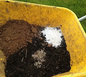 make your own potting mix, gardening, In this picture Compost on the bottom peat to the left perlite to the right handful of fertilizer to the front