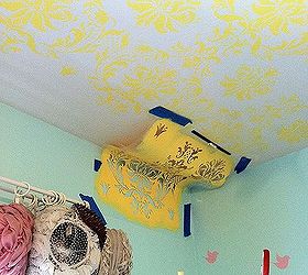 dancing damask on the ceiling how to stencil the ceiling, home decor, paint colors, painting, Although it was a bit tricky at first after I did a couple it was easy to work my way along the edges of the ceiling