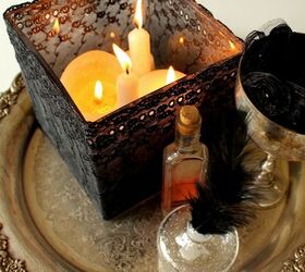 elegant and eerie black lace votive, halloween decorations, seasonal holiday d cor, Use your unpolished silver and knick knacks to create a bewitching setting