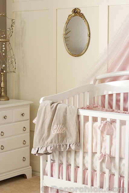 pink grey and gold vintage nursery makeover, bedroom ideas, home decor, Luxurious bedding paired with modern and vintage touches A win win combo