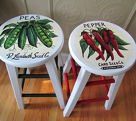 five colorful spring craft ideas, crafts, seasonal holiday decor, Vintage seed packet art painted onto bar stools