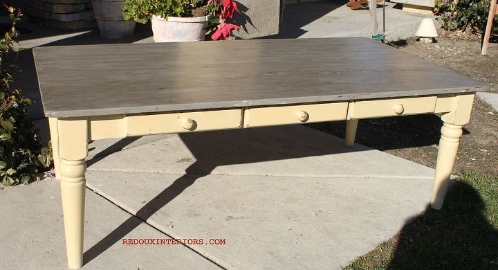 coffee table makeover with a weathered wood finish, painted furniture, The base was painted with CeCe Caldwells California Gold Then sealed with CeCe Caldwells Clear Wax