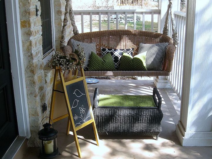 spring porch, curb appeal, porches, seasonal holiday decor, wreaths, A simple contrasting pillow was added to the already existing pillows