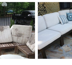 how to clean and renew outdoor furniture and stained cushions, before and after outdoor furniture rehab