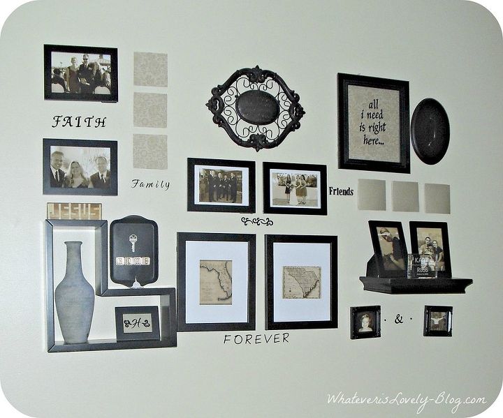 gallery walls, home decor, shelving ideas, wall decor, Family wall collage with shelves