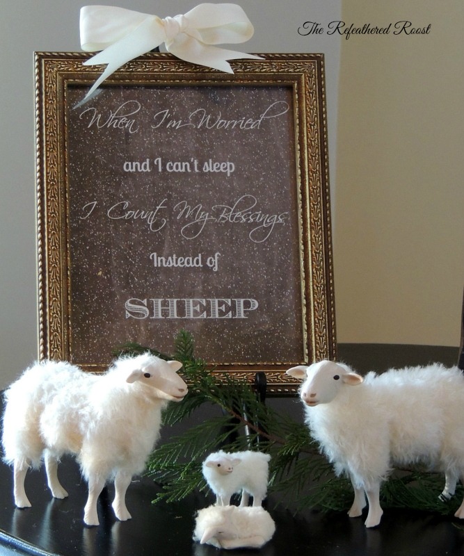 counting your blessing and sheep christmas vignette, seasonal holiday d cor, Lyrics from Counting Your Blessings from the movie White Christmas