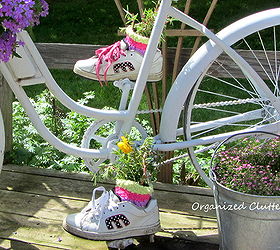 add a bike to the garden just for fun, flowers, gardening, outdoor living, repurposing upcycling, Moss roses planted in my daughter s old Etnies
