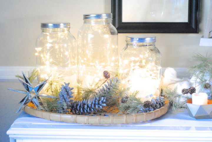 diy holiday decor glittered pinecones, crafts, seasonal holiday decor, wreaths, I also used these glittered pinecones as a backdrop for my Fairy Light Jars too see post for tutorial