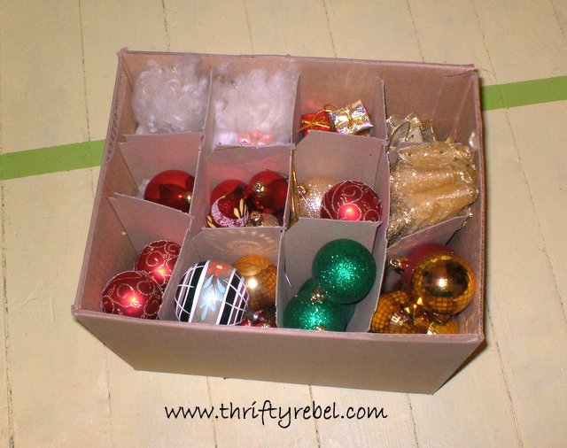 liquor store cardboard box makeover, crafts, repurposing upcycling, storage ideas, Here s one that s not covered yet but it holds Christmas ornaments and ribbons etc