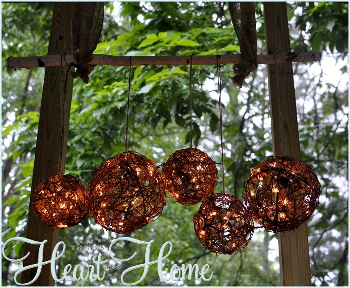 screen porch makeover, outdoor living, porches, This grapevine orb light was easy and adds a lot of ambiance in the early morning an at night
