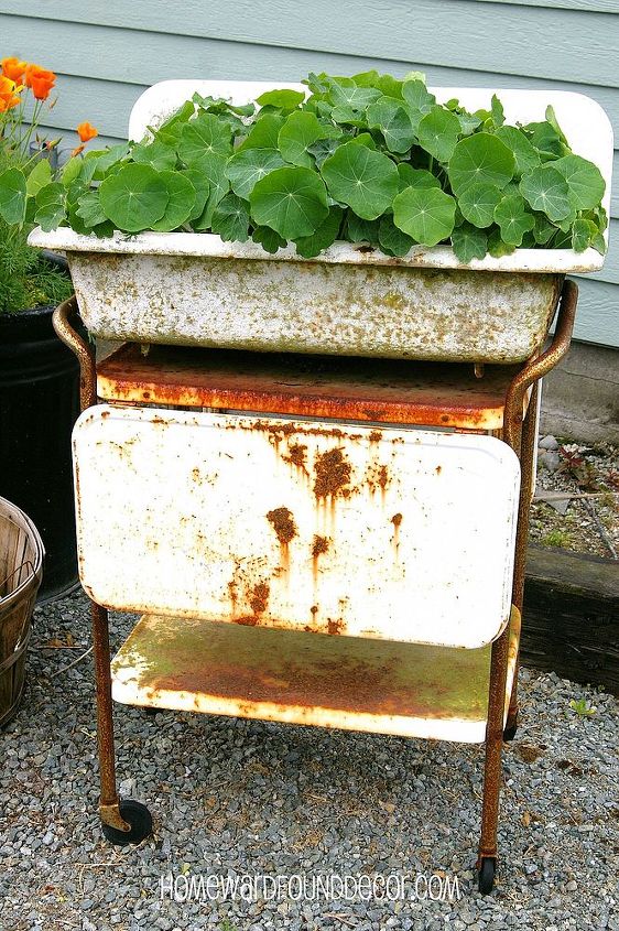i have a sink ing feeling about this project, flowers, gardening, outdoor living, repurposing upcycling, Vintage sink sits on metal cart
