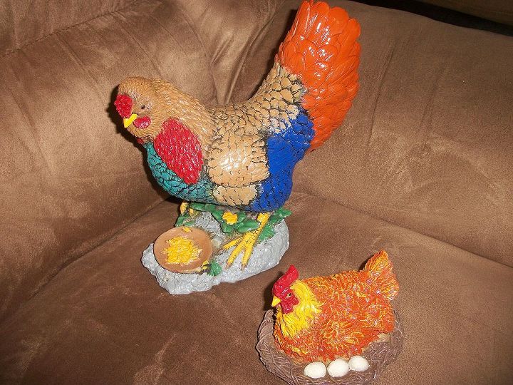 my has a collection of roosters and chickens, home decor, Painted chickens my mom finds at yard sale