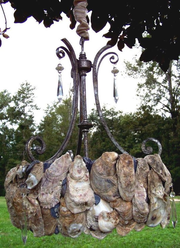 hanging oyster shell chandelier, diy, home decor, lighting, repurposing upcycling, Oyster Shell Chandelier Created on old chandelier that has been resourced
