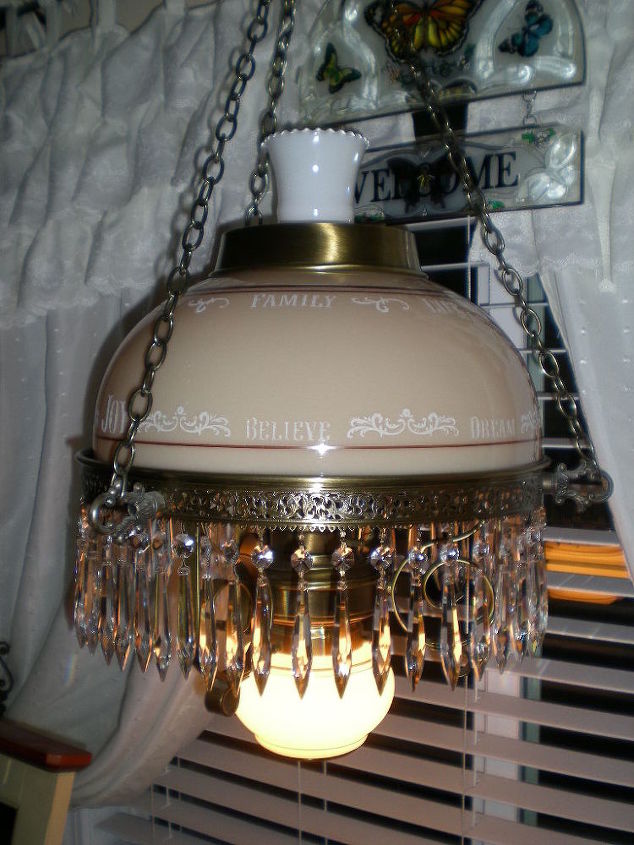 swag lamp with jazz, home decor, lighting, repurposing upcycling, The light has three settings so you can have the bottom or top light on or both
