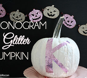 halloween glitter pumpkins, crafts, halloween decorations, seasonal holiday decor, Painted white added monogram with double sided tape better than glue