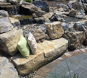 pond stream and cambridge patio project in shoreham long island, decks, landscape, outdoor living, patio, ponds water features, Rock sofa