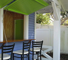 custom snack shack shed, doors, outdoor living, Awning shutters reveal a cypress countertop