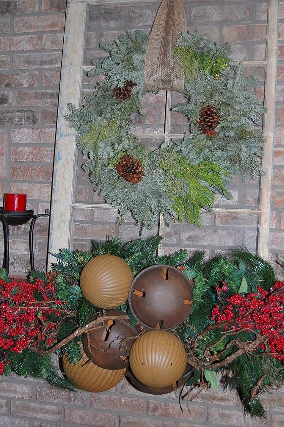 antique christmas decor, christmas decorations, repurposing upcycling, seasonal holiday decor, wreaths, Old window used to display greenery on fireplace mantel