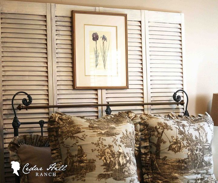 easy cheap and elegant headboard, bedroom ideas, home decor, repurposing upcycling, shutters and artwork behind bed act as headboard
