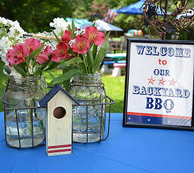 annual memorial day party prep, outdoor living, patriotic decor ideas, seasonal holiday decor, We have about twenty or so tables set up on the property for our party and have a few with accents from my garden such as fresh flowers and my decorative birdhouses