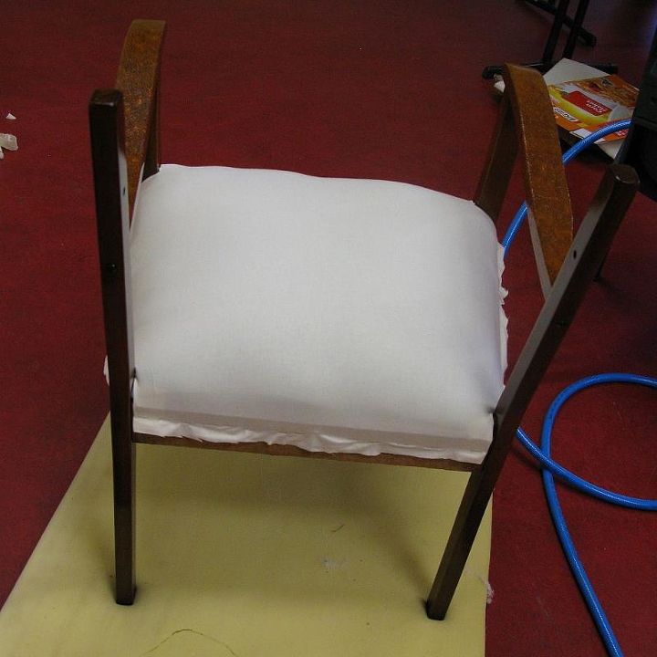 learning to upholster furniture the first lesson, painted furniture, reupholster, window treatments, If you are happy with it trim any excess calico Any Dacron if applied to smooth the shape should not notice once the fabric is stretched over the whole seat