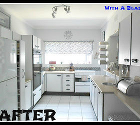 kitchen make over the budget friendly way, countertops, home decor, kitchen design, tiling, Main kitchen view from the breakfast bar on the left is my sliding grocery unit next to the refrigerator