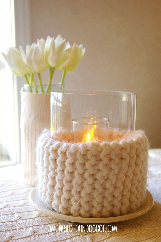 sweater wrapped vases, crafts, home decor, cut the arm off of a sweater you ve outgrown or is stained and slip it cut end first over a glass vase or large jar tuck the bottom edge under and fill your vase