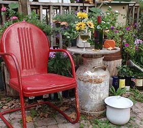 vintage metal and bouncy motel chairs in the garden, gardening, outdoor furniture, outdoor living, painted furniture, Jamie Peterson s bright red
