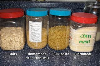 reusing jars for bulk food storage, organizing, repurposing upcycling, storage ideas, Plastic containers hold bulk purchased oats homemade rice a roni mix bulk pasta and cornmeal