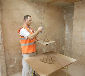 how to mix and apply finishing plaster, diy, home maintenance repairs, how to, wall decor, the plaster is then turned and dropped in the center of the hawkThis will require a bit of practice until you have built up coordination between both hand