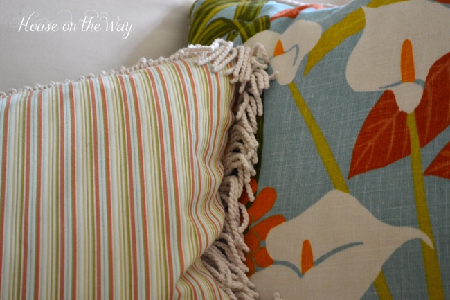 diy beach theme throw pillows, crafts, Stripe 16 x 16 pillow and tropical 20 x 20 pillow Fabric by Robert Allen