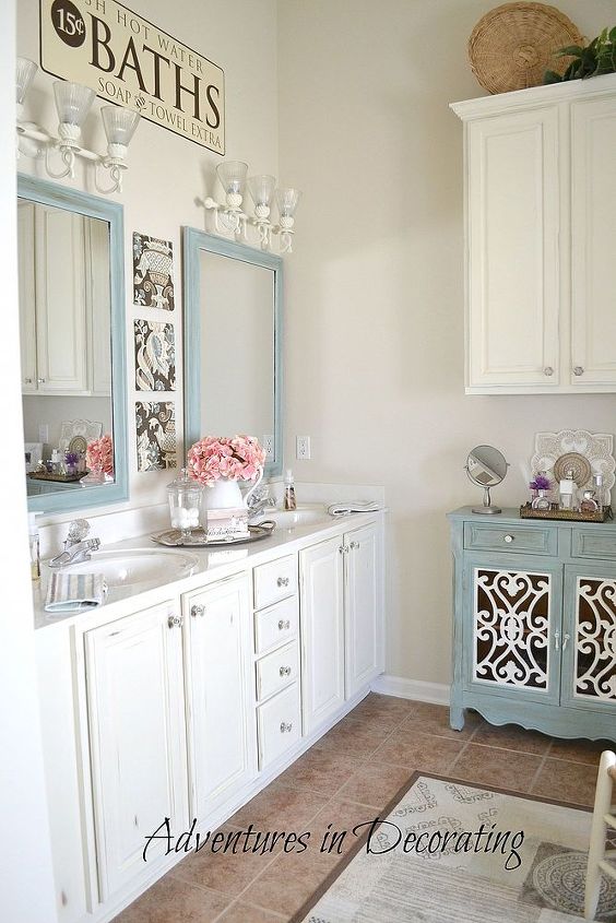 our master bath then and now, bathroom ideas, home decor, AFTER New mirrors painted cabinets AS Old White addition of an unused kitchen cabinet and addition of an accent chest