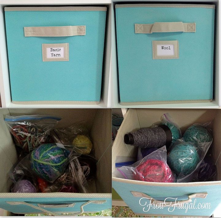 craft hutch, cleaning tips, mason jars, painted furniture, repurposing upcycling, shelving ideas, storage ideas, Fiber storage drawers Roll yarn into balls and store in individual plastic bags Snip a hole in the corner of the bag and pull out the end of the yarn through the hole to keep yarn neat and clean while working with it