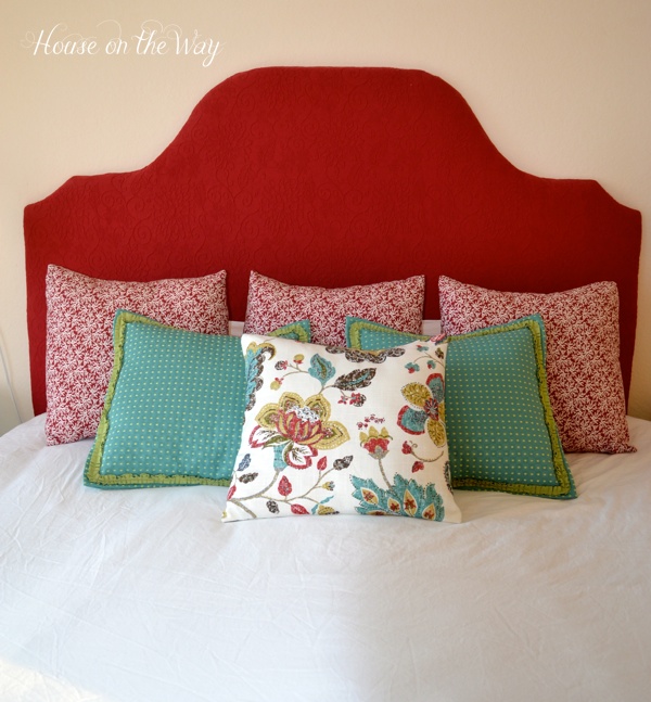 diy fabric covered king size headboard, painted furniture, reupholster, The red fabric is striking with the white duvet cover