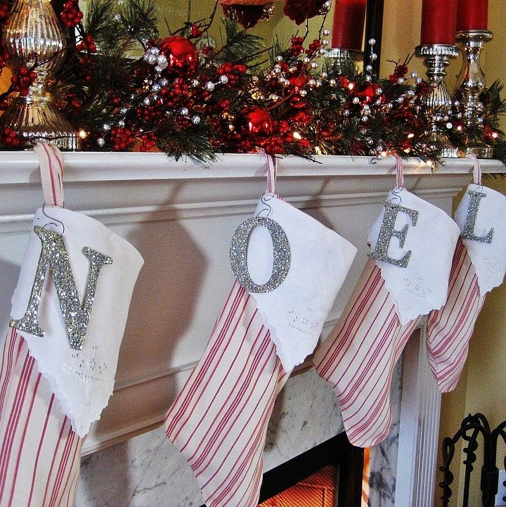 french ticking burlap and mercury glass my christmas mantel, christmas decorations, seasonal holiday decor, wreaths, French ticking stockings with vintage napkins as cuffs Directions for making the stockings are on my blog