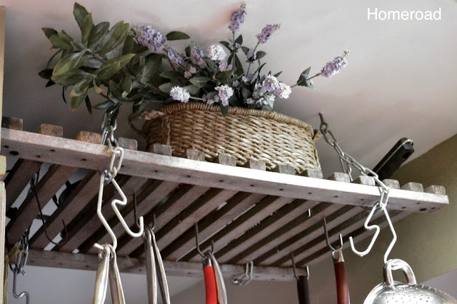 a rustic wooden pot rack for your kitchen, repurposing upcycling, shelving ideas, Hanging from existing chains using S hooks to hang the pots